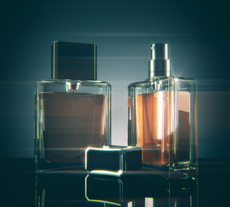 Light fragrance bottles with reflections on dark background. 3D Renderingの写真素材