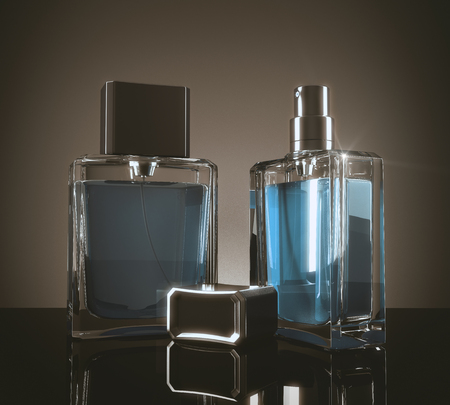 Blue perfume bottles with reflections on dark background. 3D Renderingの写真素材
