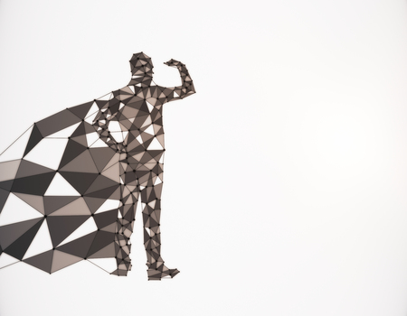 Abstract polygonal hero with cape looking into the distance on white background with copy space. 3D...