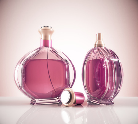 Two pink female perfume bottle and cap on light background with reflections. Lifestyle and fashion concept. 3D Renderingの写真素材
