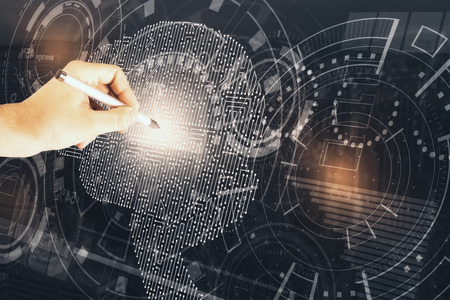 Hand drawing abstract digital business hologram with cyber brain. Future concept. 3D Rendering