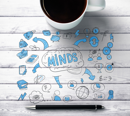 Top view of wooden plank office desktop with coffee mug, pen and business sketch. Leadership concept. 3D Renderingの写真素材