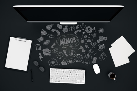 Top view of black office desk with empty computer screen, clipboard, other supplies, coffee cup, keyboard and more items. Startup concept. 3D Renderingの写真素材