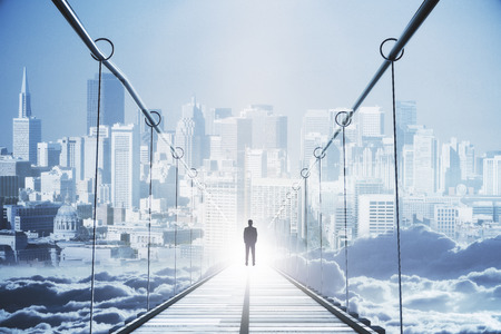 Back view of thoughtful young businessman in the middle of bridge looking at bright city. Leadership concept. 3D Rendering