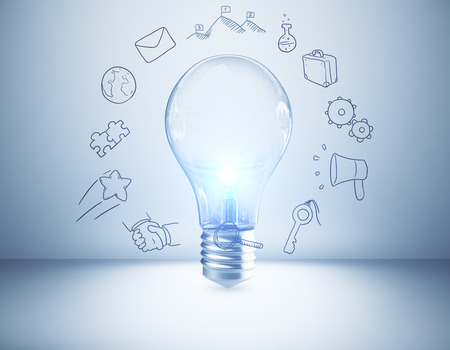 Glowing lamp in abstract gradient interior surrounded with business drawings. Teamwork concept. 3D Renderingの写真素材