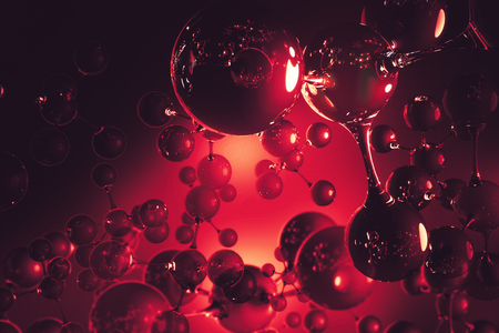 Abstract red connected glass bubbles molecule backdrop. Abstraction, creativity concept. 3D Renderingの写真素材