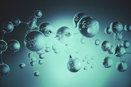 Abstract blue connected glass bubbles molecule wallpaper. Abstraction, creativity concept. 3D Renderingの写真素材
