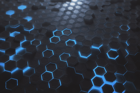 Futuristic glowing blue hexagonal or honeycomb backdrop. Technology, future and innovation concept. 3D Renderingの写真素材