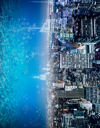 Abstract sideways city and water, ocean, sea background with copy space. Creativity, abstraction and innovation conceptの写真素材