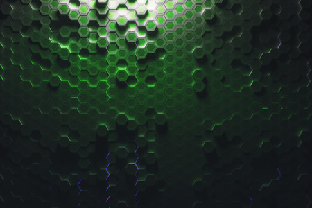 Futuristic glowing green hexagonal or honeycomb background. Technology, future and innovation concept. 3D Renderingの写真素材