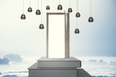 Abstract books with open door and white view on sky background with lamps. Opportunity concept. 3D Renderingの写真素材