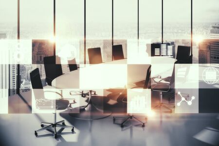 Modern meeting room with digital business interface and city view. Technology and communication...