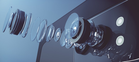 Technical illustration of modern dual-camera system for smartphone. Internal circuit of device on light background. Nano concept. 3D Renderingの写真素材