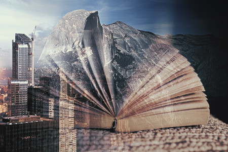 Abstract books on creative city background. Education concept. Double exposureの写真素材