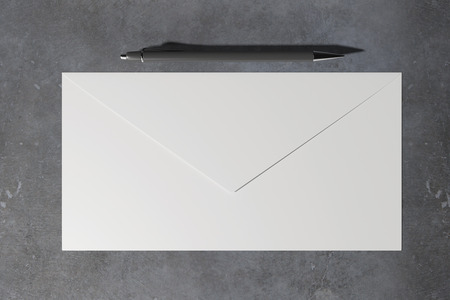 Top view of white envelope and pen on concrete background. Text concept. Mock up, 3D Rendering
