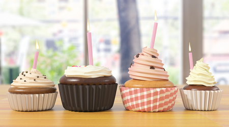 Assortment of cupcakes with candles on blurry background. Celebration, birthday, bakery concept. 3D...