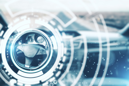 Abstract car interior with digital hologram around wheel. Innovation concept. 3D Renderingの写真素材