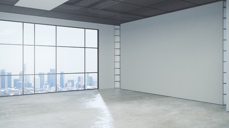 Bright grunge concrete office interior with empty wall and city view. Mock up, 3D Renderingの写真素材