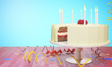 Delicious birthday cake with candles on blue background. Celebration concept. 3D Renderingの写真素材