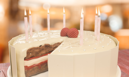 Close up of delicious birthday cake with candles on blurry background. Celebration concept. 3D Renderingの写真素材