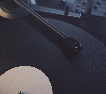 Turntable vinyl record player. Retro audio equipment for disc jockey. Sound technology. Close up and top view. 3D Renderingの写真素材