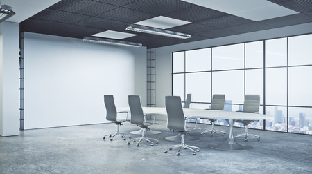 Side view of contemporary conference room with empty wall, furniture and city view. Mock up, 3D Renderingの写真素材