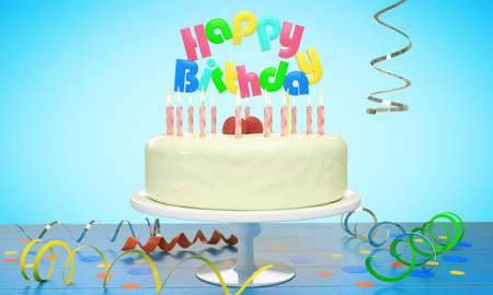 Delicious birthday cake with candles on blue background. Celebration concept. 3D Renderingの写真素材