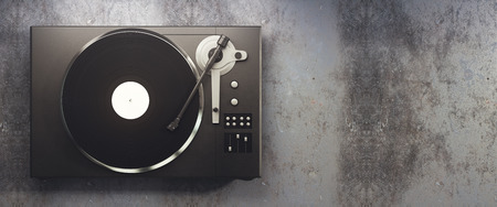 Turntable vinyl record player. Retro audio equipment for disc jockey. Sound technology for DJ to mix & play music. Concrete background with copy space. 3D Renderingの写真素材