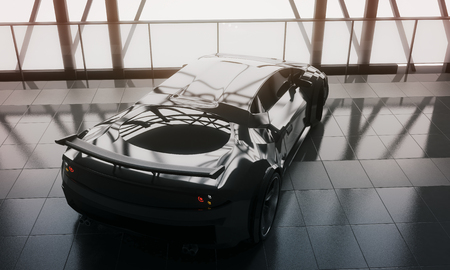 Expensive concept. Modern stylish black sports car in loft warehouse garage interior with tile floor, window frame and sunlight. 3D Renderingの写真素材