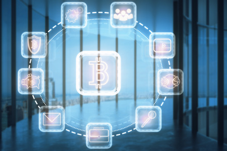 Abstract bitcoin projection in blurry office interior with panoramic city view and daylight....