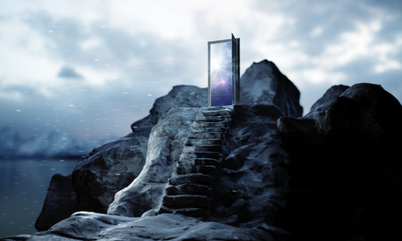Mountain steps leading to abstract open door with view on sky background. Success concept. 3D Renderingの写真素材