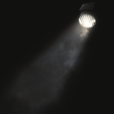 Glowing spotlight against abstract grunge wall with smoke and copy space. Show concept. 3D Rendeirng の写真素材