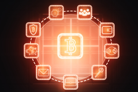 Abstract glowing bitcoin interface wallpaper. 3D Renderingの写真素材