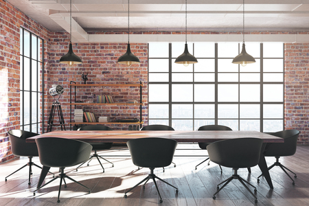 Modern red brick conference room interior with equipment and sunlight. 3D Rendering の写真素材