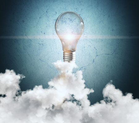 Abstract cloudy sky with glowing lamp. Innovation concept. 3D Rendering の写真素材