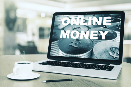 Laptop with digital money on screen. E-commerce concept. 3D Renderingの写真素材