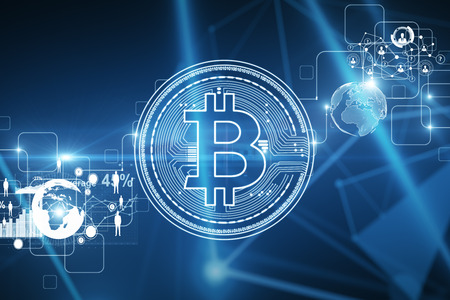Creative digital glowing bitcoin background. Cryptocurrency and business concept. 3D Renderingの写真素材