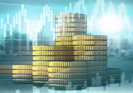 Golden coins on abstract city and business chart background. Finance and savings concept. Double...