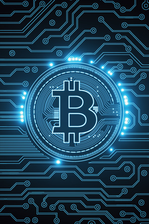 Creative glowing blue bitcoin background. Cryptocurrency, e-commerce and digital banking concept. 3D Rendering の写真素材
