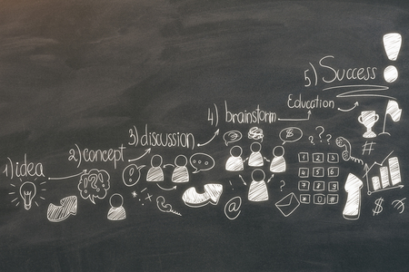 Chalkboard wall with creative business sketch. Leadership and success concept 