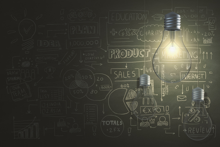 Glowing lamps hanging on chalkboard background with business sketch. 3D Rendering の写真素材