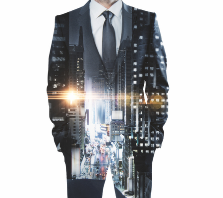 Businessman standing on abstract night city background. Career and employment concept. Double exposure の写真素材