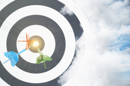 Abstract dartboard on sky with clouds background. Startup, targeting and career concept. 3D Rendering の写真素材