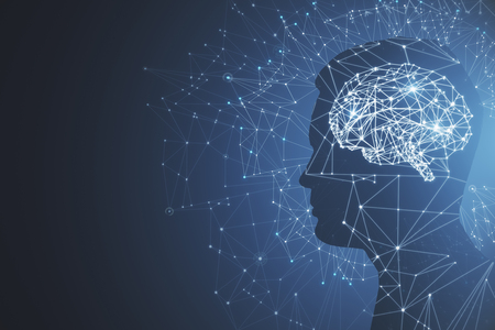 Man profile silhouette with abstract polygonal brain on blue background. Artificial intelligence and...