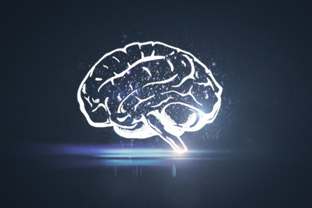 Glowing brain sketch on dark background. Brainstorm concept 