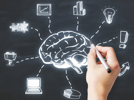 Brainstorm and strategy concept. Male hand drawing creative business sketch