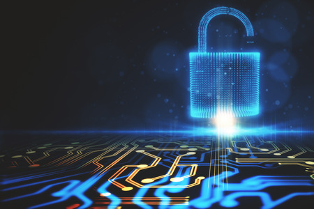 Abstract glowing digital padlock circuit background. Web safety and protection concept. 3D Rendering の写真素材