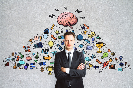 Leadership and marketing concept. Abstract image of businessman with creative business sketchの写真素材