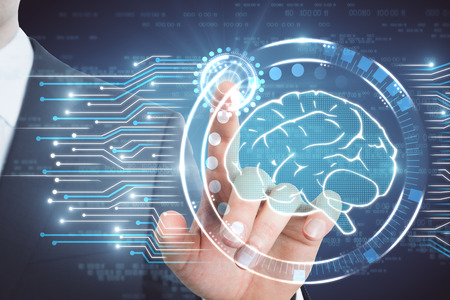 Businessman pointing at brain interface. Artificial intelligence concept. 3D Rendering 