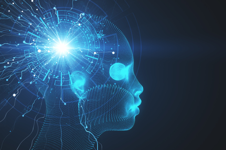Creative glowing digital head background. Robotics and cyberspace concept. 3D Rendering の写真素材